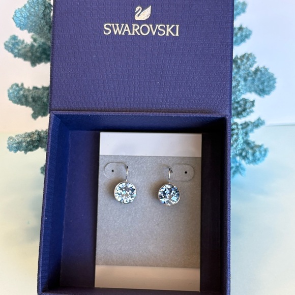 Authentic Swarovski MINI Bella Blue Crystal Bezel Rhodium Lever Back Earrings - Picture 6 of 16